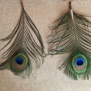 Homemade peacock feather earrings.